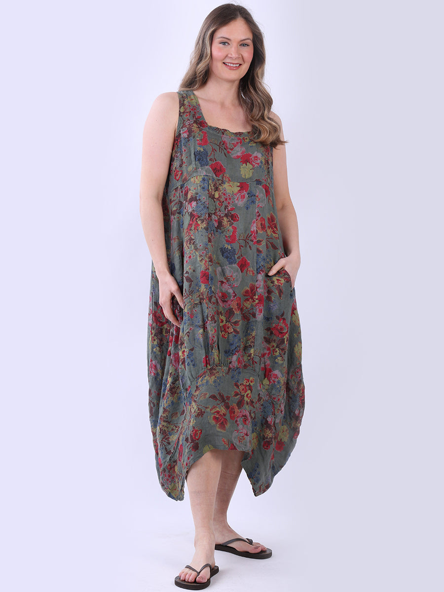 Floral Linen Dress Khaki