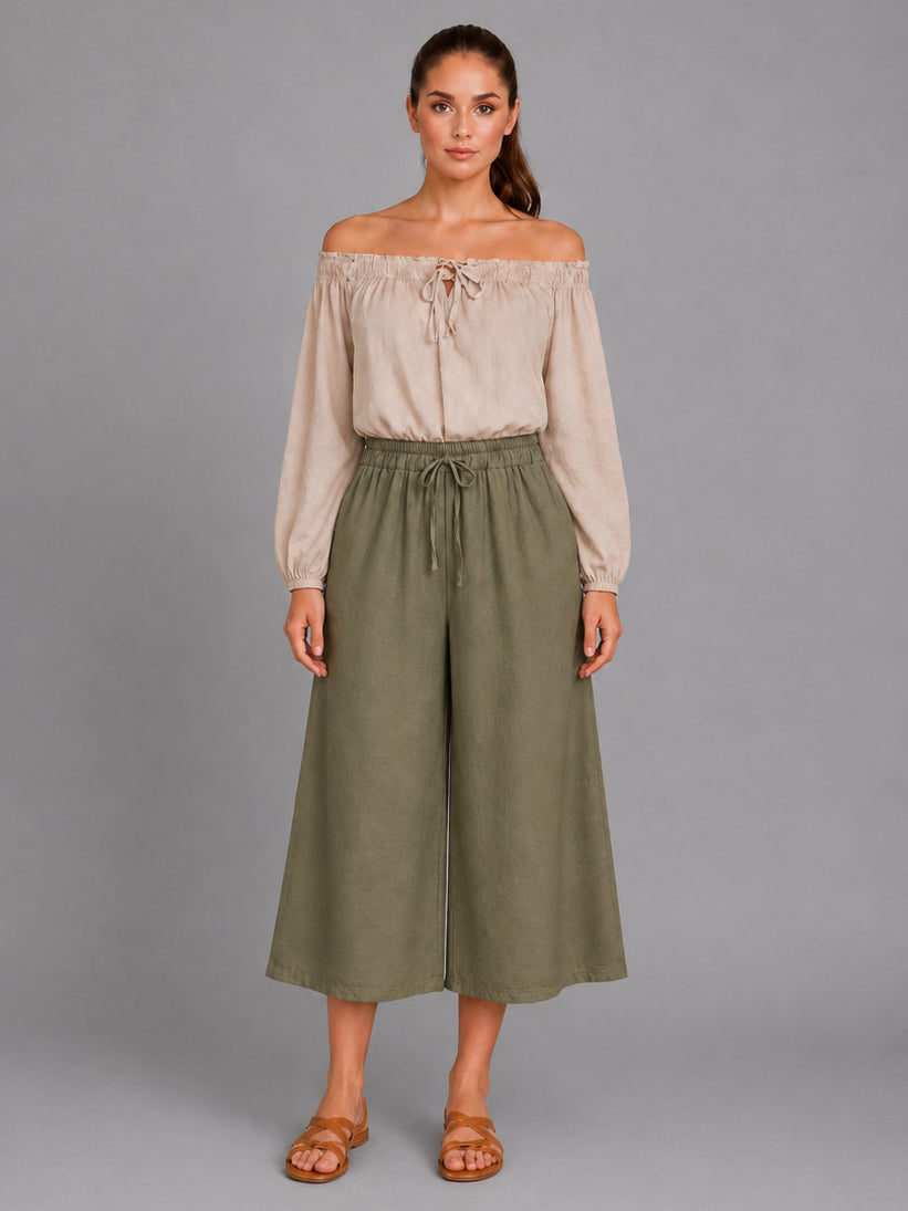 Wide Leg Capri Trouser Khaki