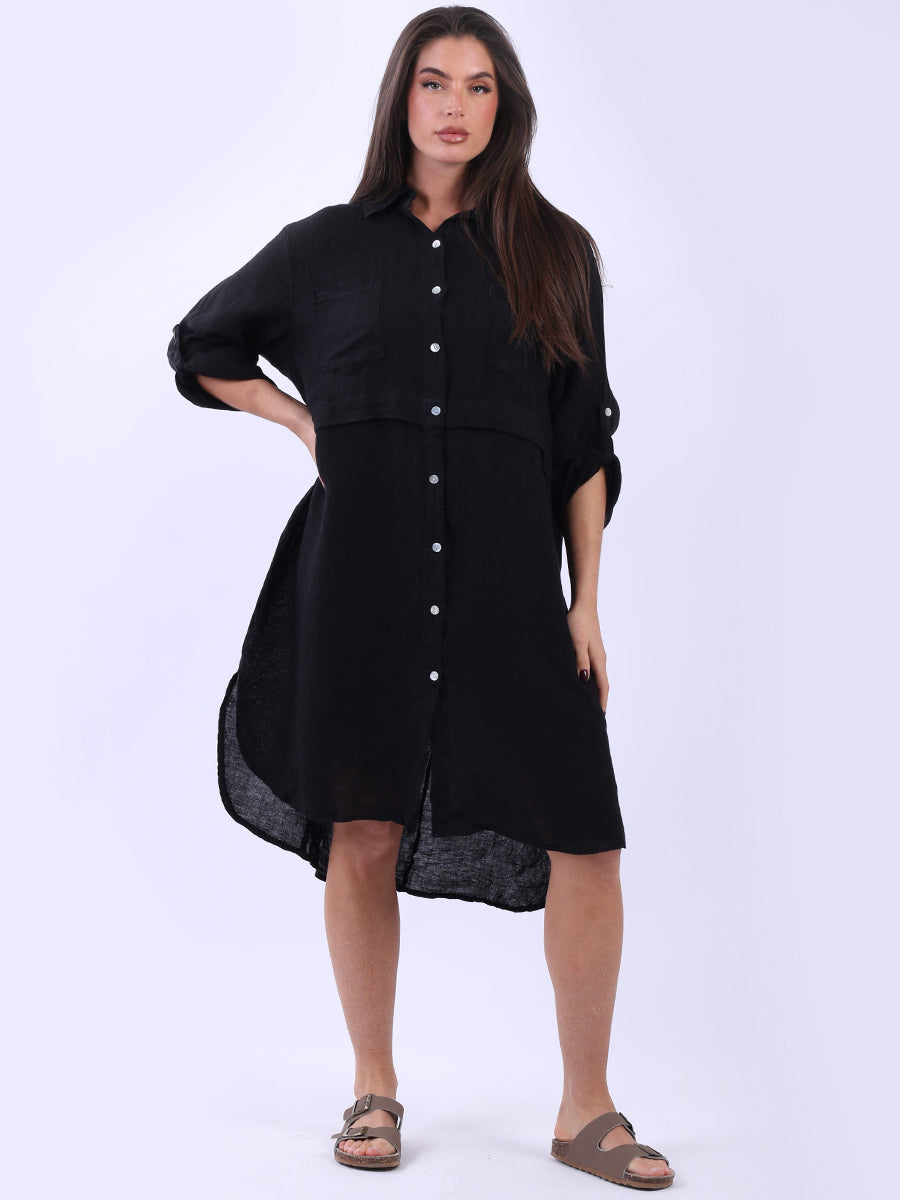 Plain Button Down Lagenlook Dress Black