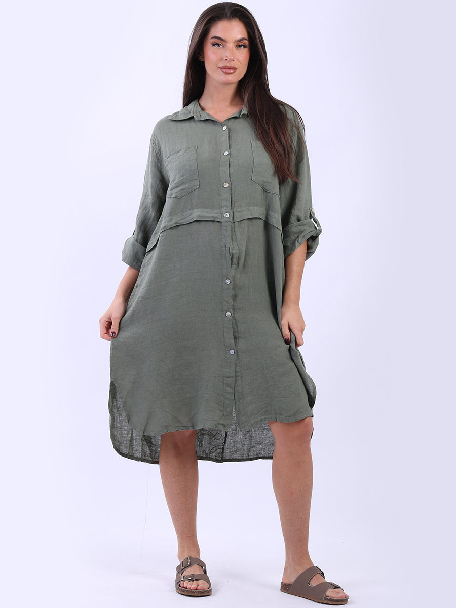 Plain Button Down Lagenlook Dress Khaki
