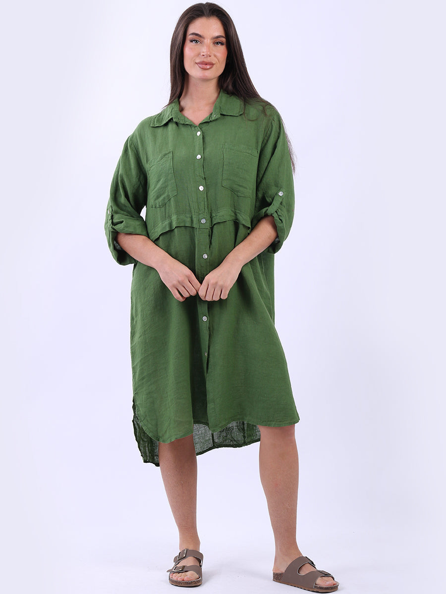 Plain Button Down Lagenlook Dress Olive