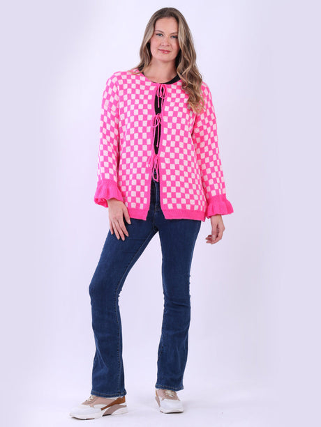 Gingham Knitted Cardigan Fuchsia