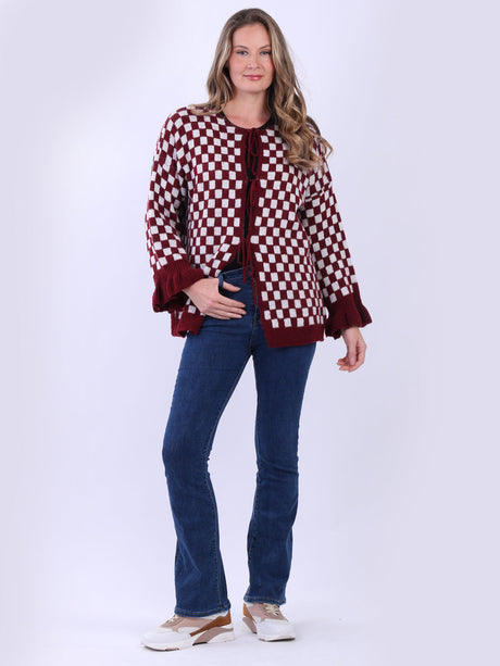 Gingham Knitted Cardigan Wine
