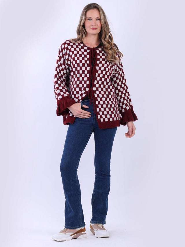 Gingham Knitted Cardigan Wine