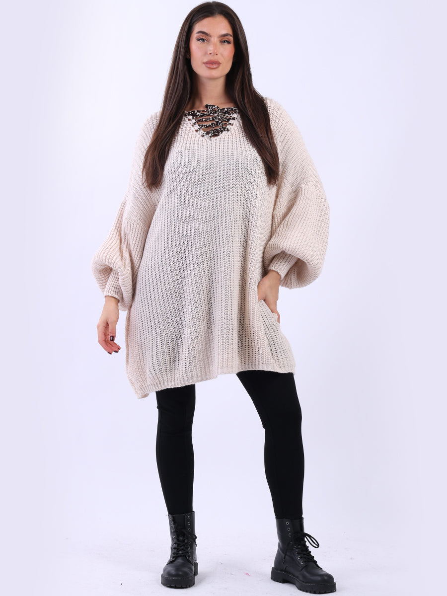 Drawstring V Neck Baggy Jumper Beige