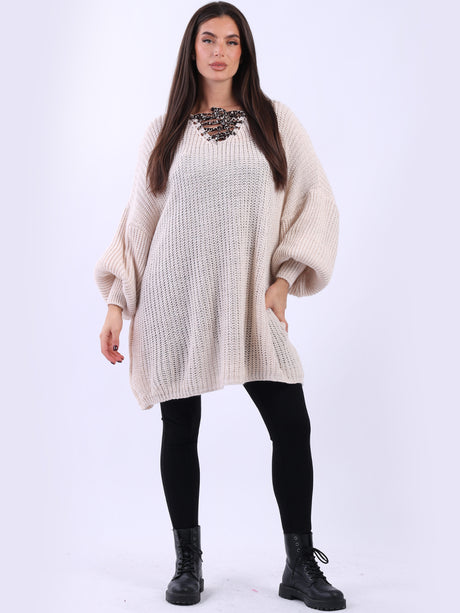 Drawstring V Neck Baggy Jumper Beige
