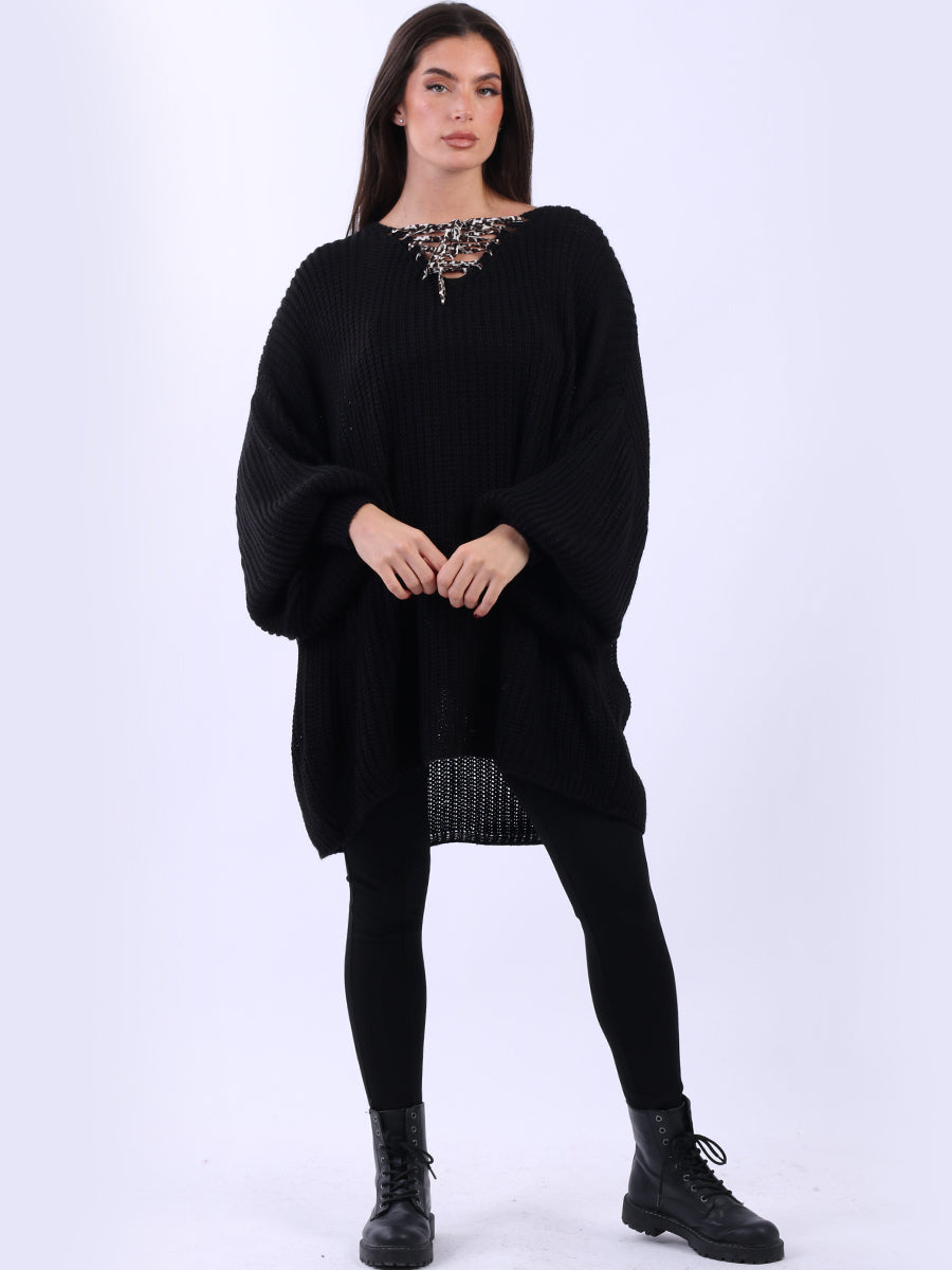 Drawstring V Neck Baggy Jumper Black