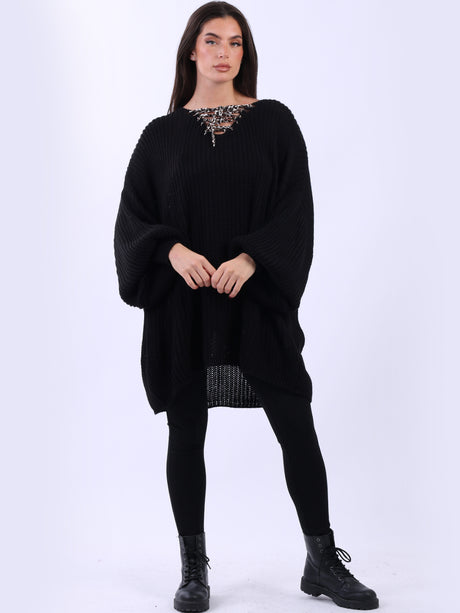 Drawstring V Neck Baggy Jumper Black