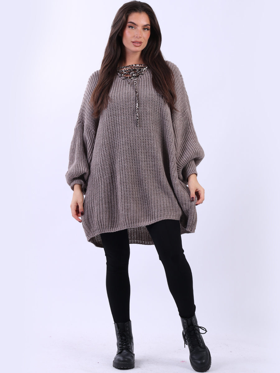 Drawstring V Neck Baggy Jumper Mocha