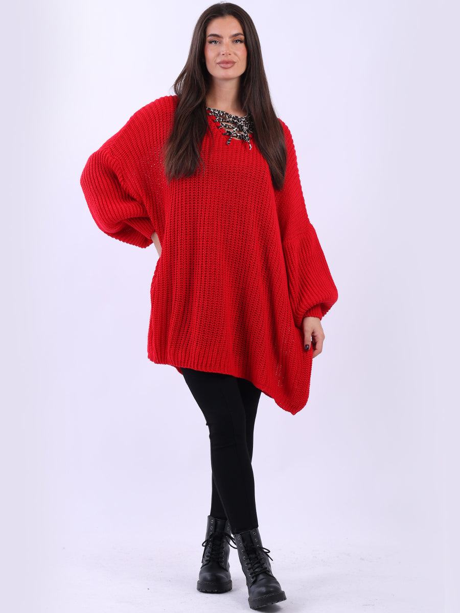 Drawstring V Neck Baggy Jumper Red