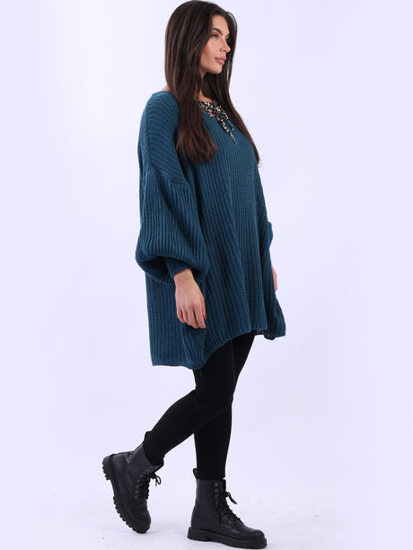 Drawstring V Neck Baggy Jumper Teal