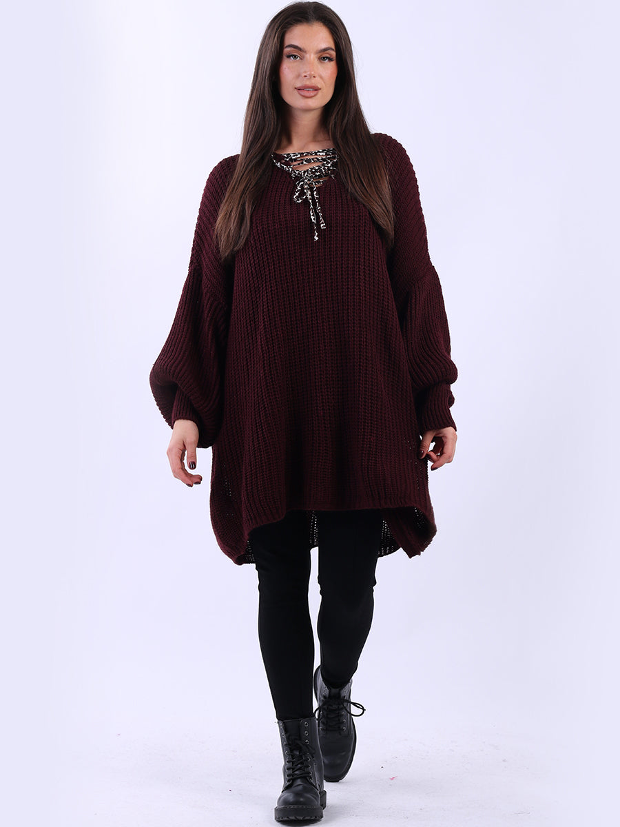 Drawstring V Neck Baggy Jumper Wine