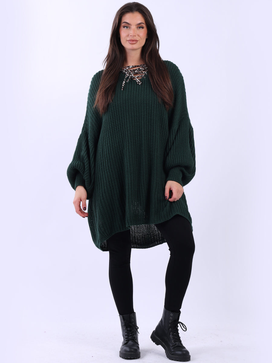 Drawstring V Neck Baggy Jumper Bottle Green