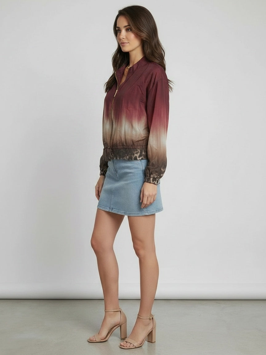 Tie Dyed Leopard Print Front Zipper Crop Jacket