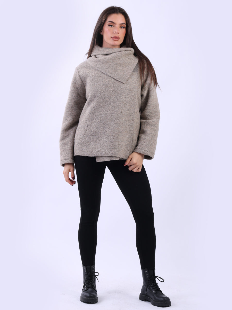 Solid Cowl Neck Jacket Beige