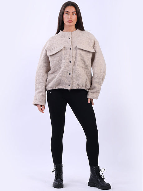 Solid Woolen Crop Jacket Beige