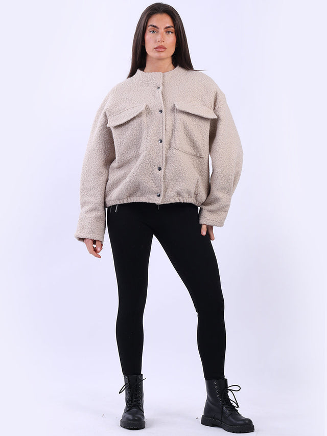Solid Woolen Crop Jacket Beige