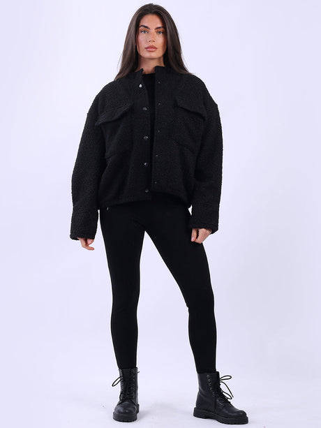 Solid Woolen Crop Jacket Black