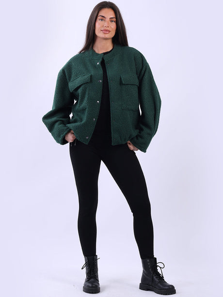 Solid Woolen Crop Jacket Bottle Green