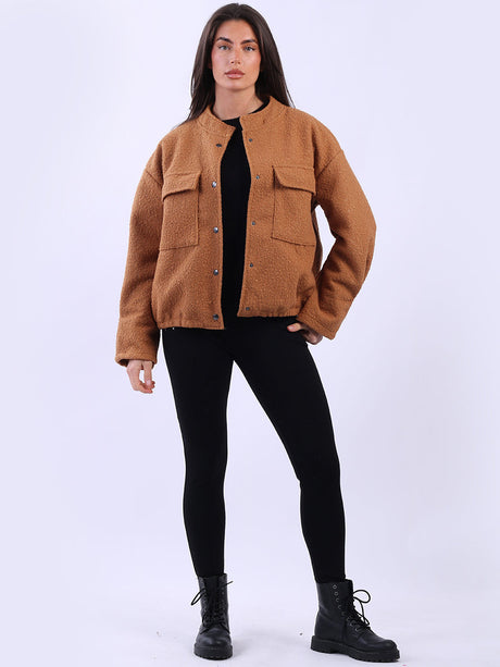 Solid Woolen Crop Jacket Camel