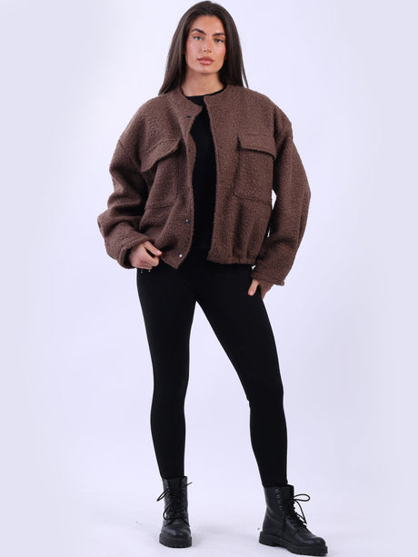 Solid Woolen Crop Jacket Chocolate