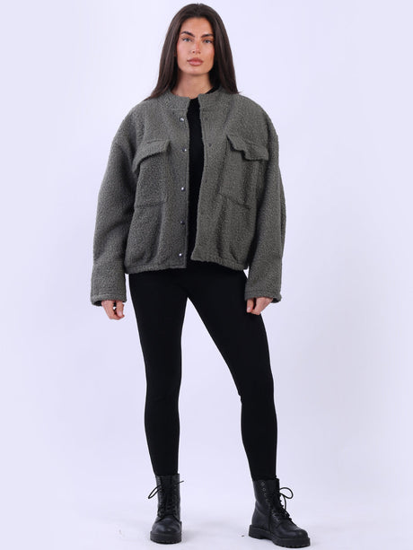 Solid Woolen Crop Jacket Khaki