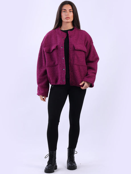 Solid Woolen Crop Jacket Magenta
