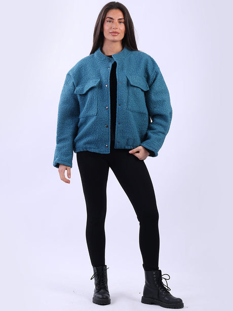 Solid Woolen Crop Jacket Teal