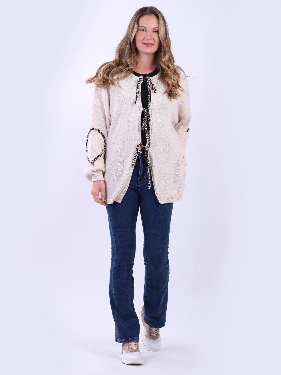 Leopard Trimmed Knitted Cardigan Beige
