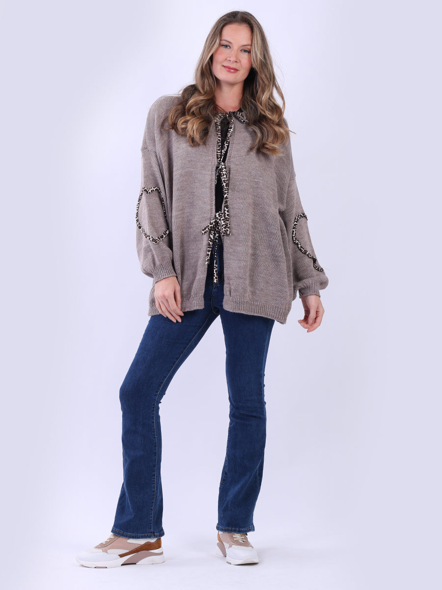 Leopard Trimmed Knitted Cardigan Mocha