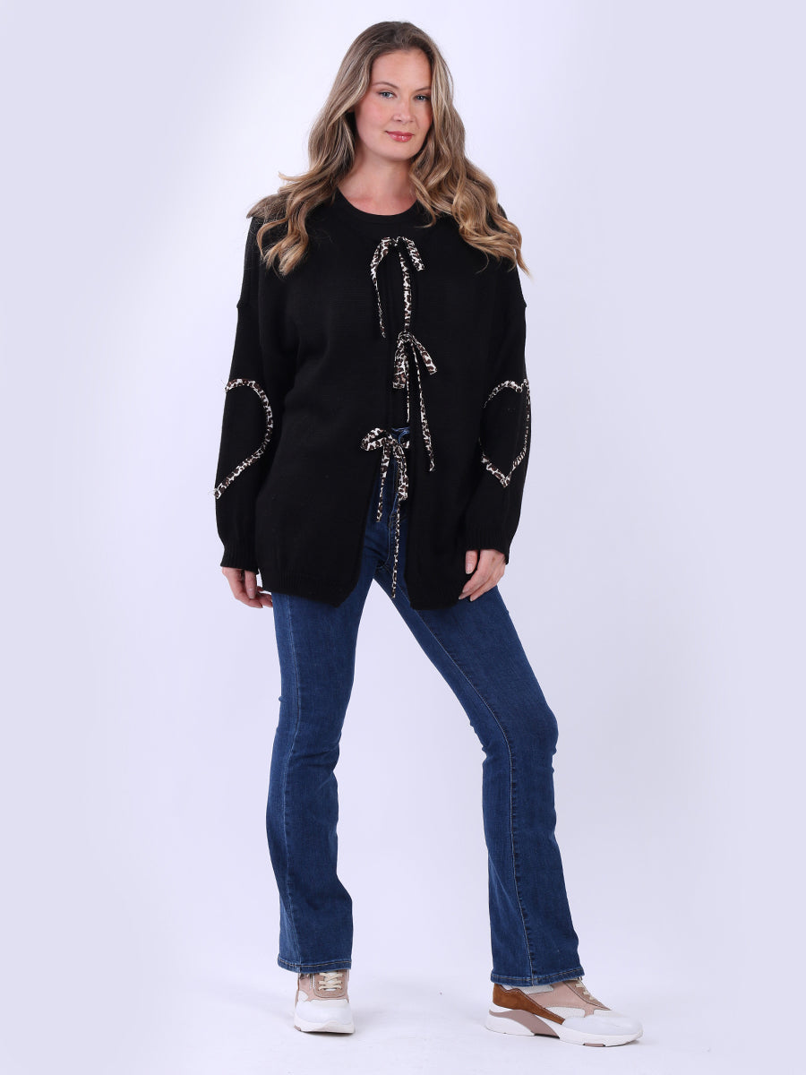 Leopard Trimmed Knitted Cardigan Black