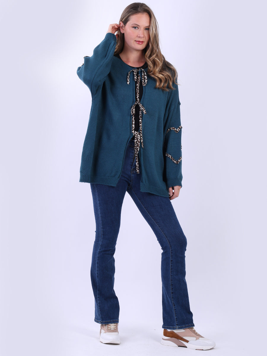 Leopard Trimmed Knitted Cardigan Teal