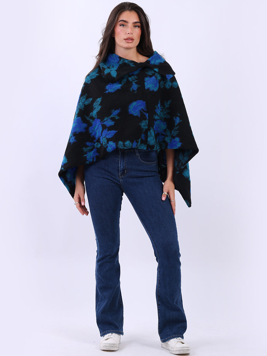 Floral Asymmetric Poncho Royal Blue
