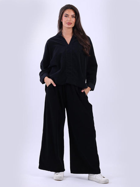 Solid Cotton Collarless Blouse Black