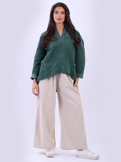 Solid Cotton Collarless Blouse Bottle Green