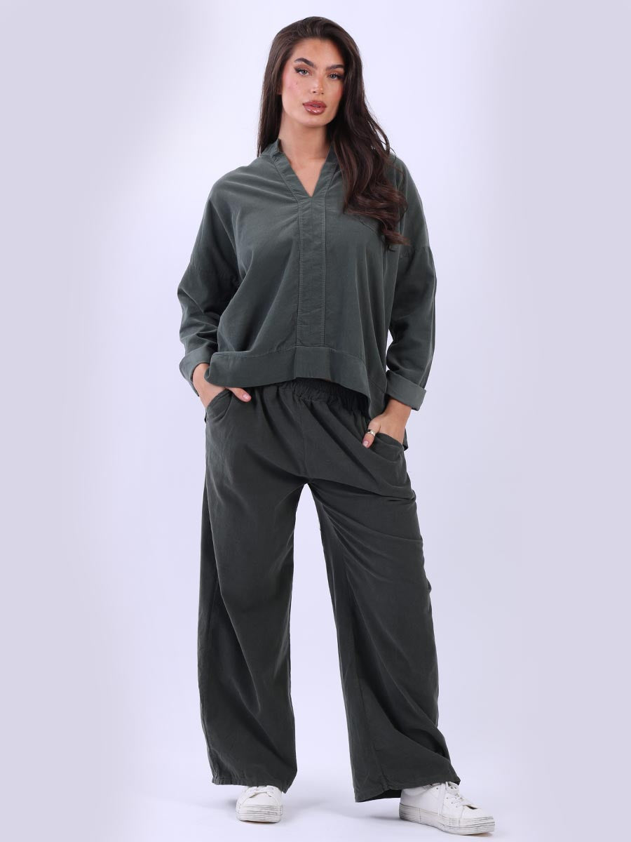 Solid Cotton Collarless Blouse Khaki