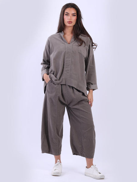 Solid Cotton Collarless Blouse Mocha