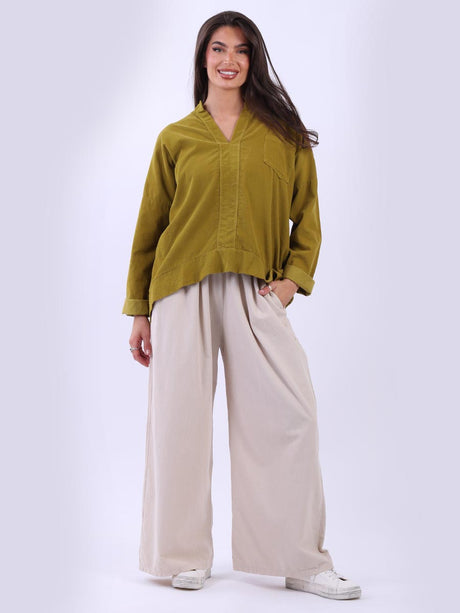 Solid Cotton Collarless Blouse Olive