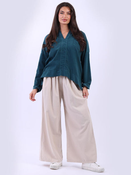 Solid Cotton Collarless Blouse Teal