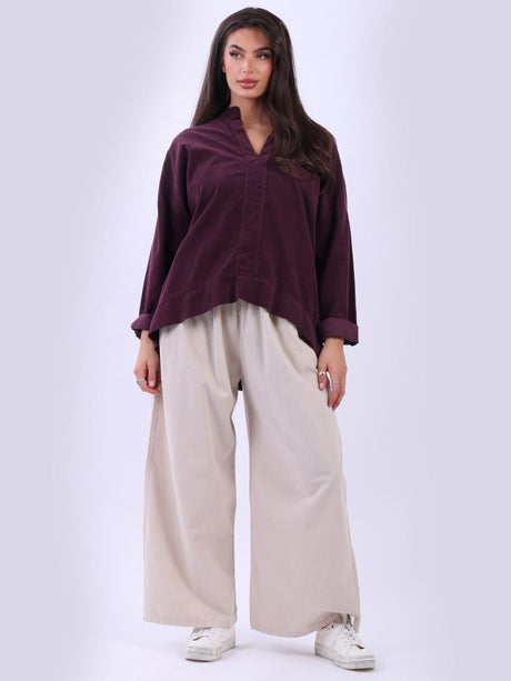 Solid Cotton Collarless Blouse Wine