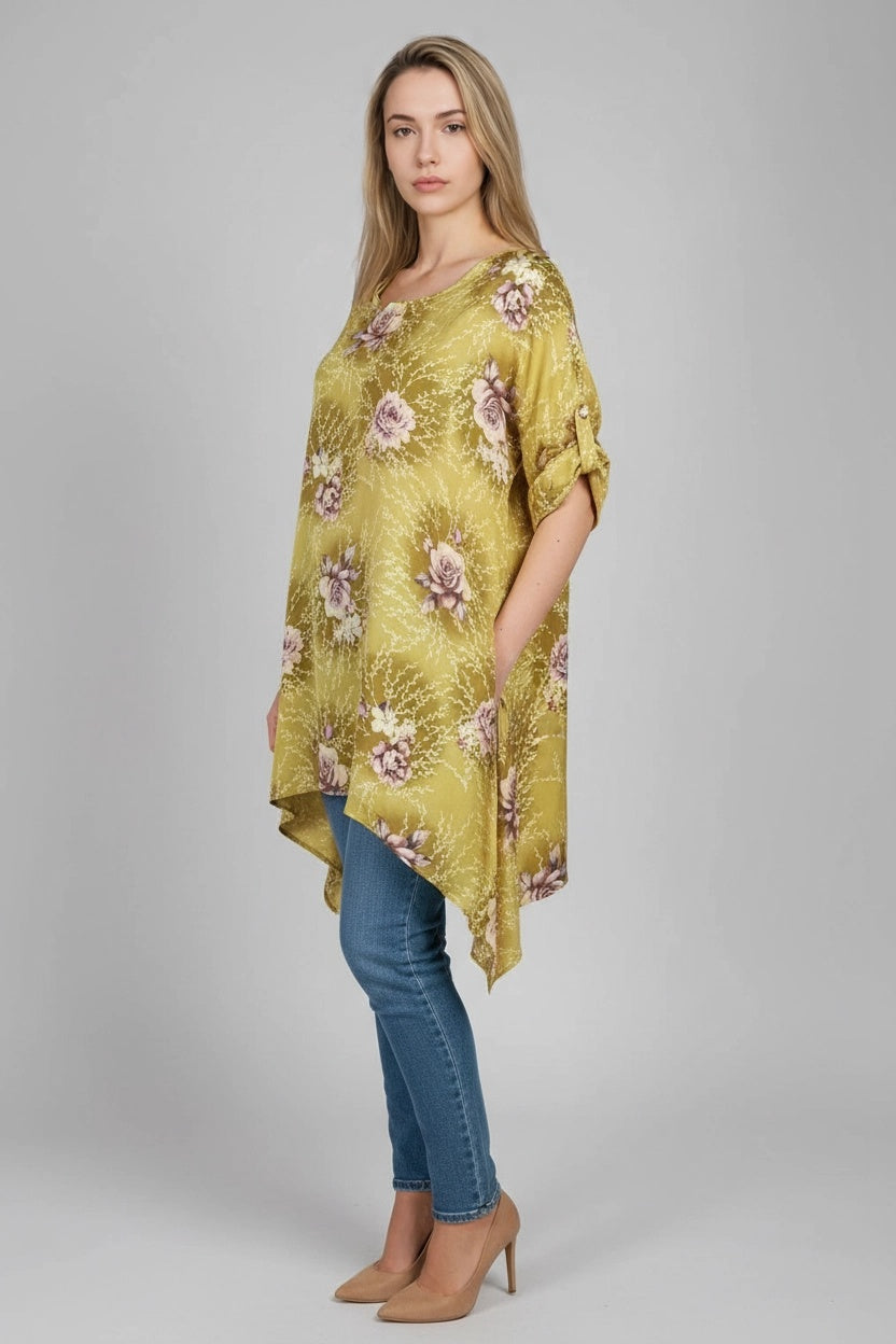 Paisley Print Tabbed Sleeves Linen Tunic Top