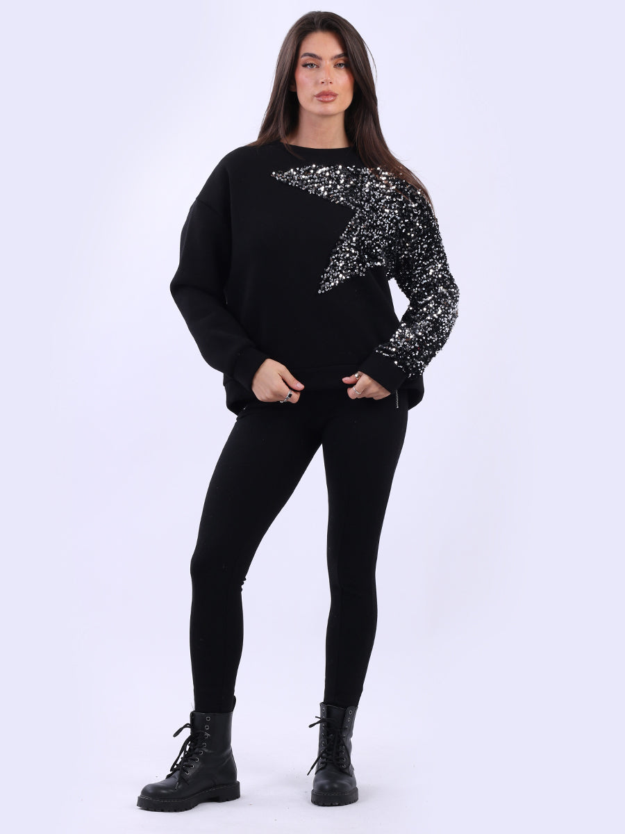 Sequin Fleece Boxy Top Black