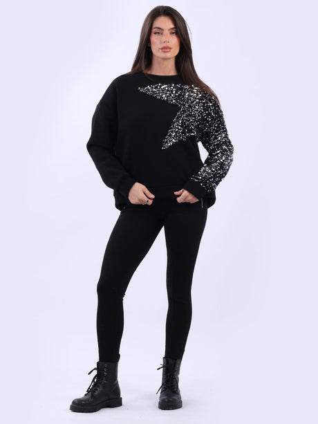 Sequin Fleece Boxy Top Black