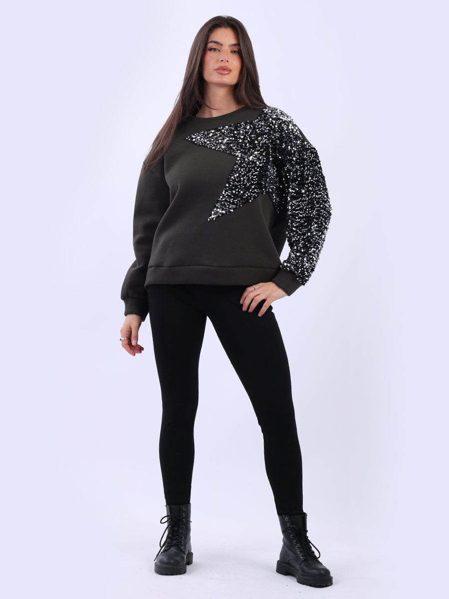 Sequin Fleece Boxy Top Khaki
