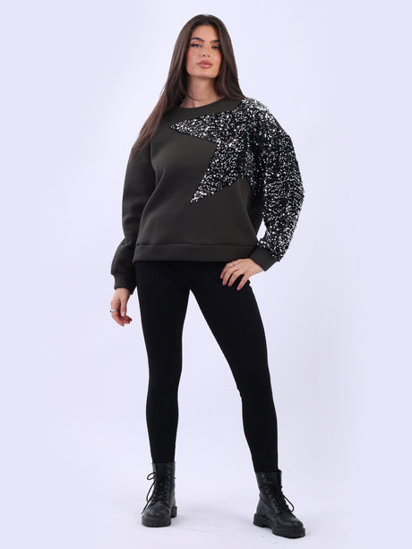Sequin Fleece Boxy Top Khaki
