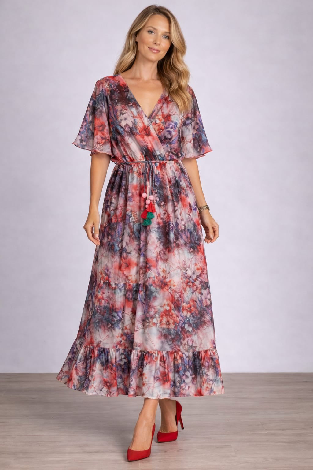 Overlap V Neck Oversized Floral Ruched Maxi
