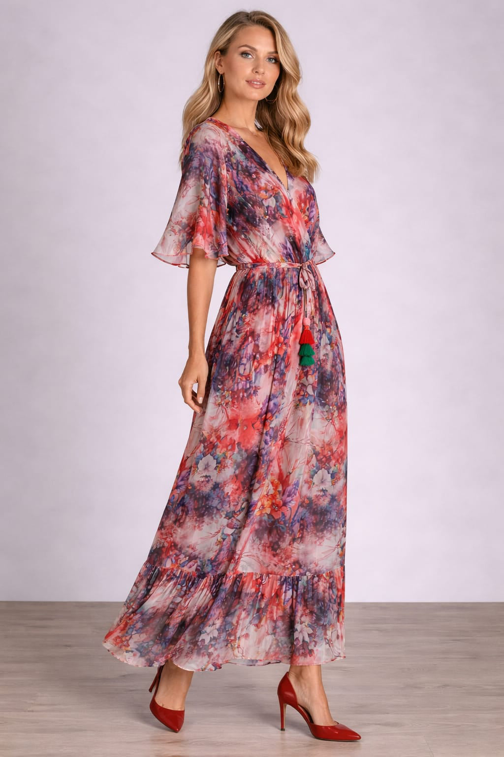 Overlap V Neck Oversized Floral Ruched Maxi