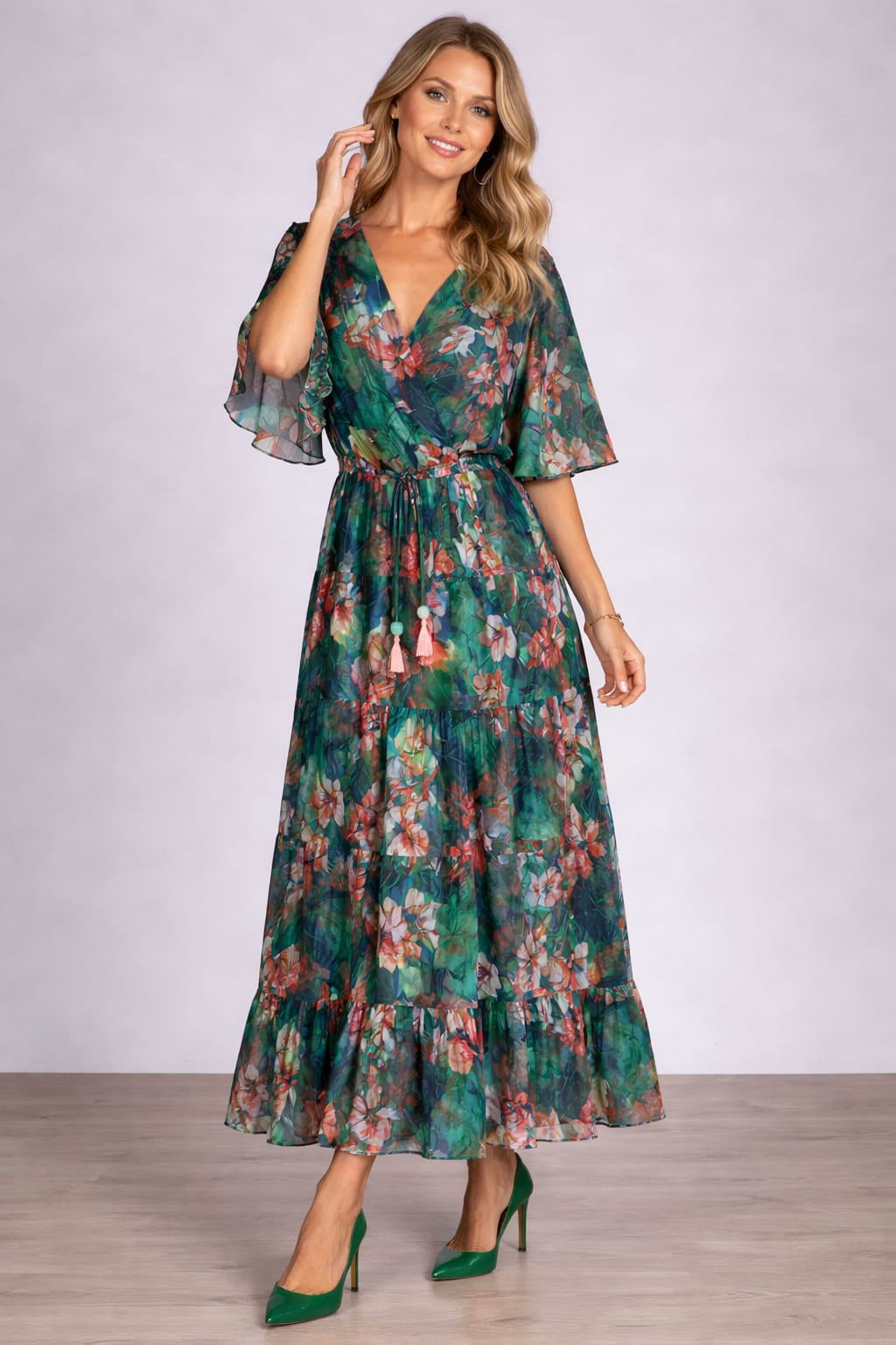 Overlap V Neck Oversized Floral Ruched Maxi