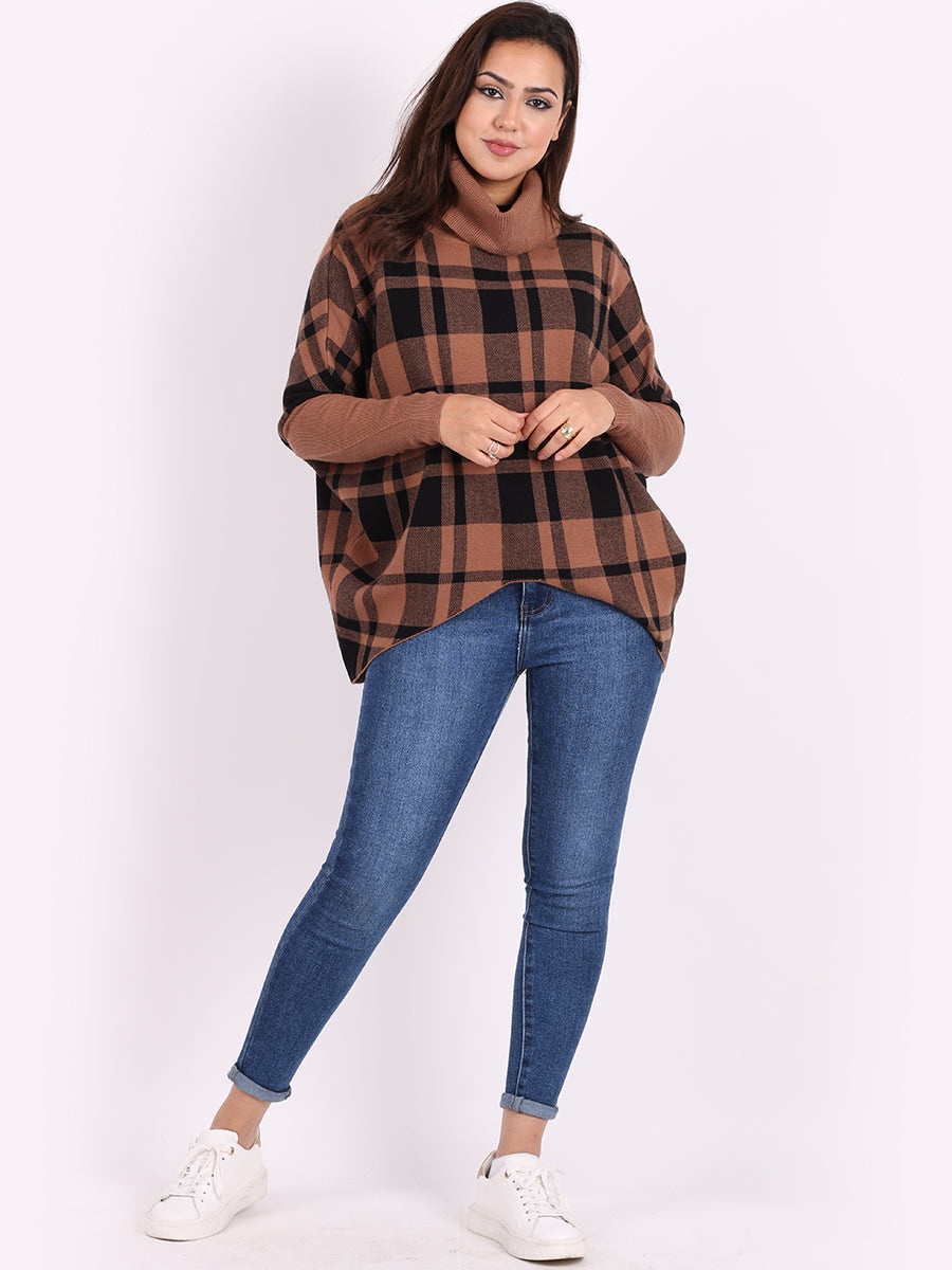 Check Print Knitted Jumper Camel