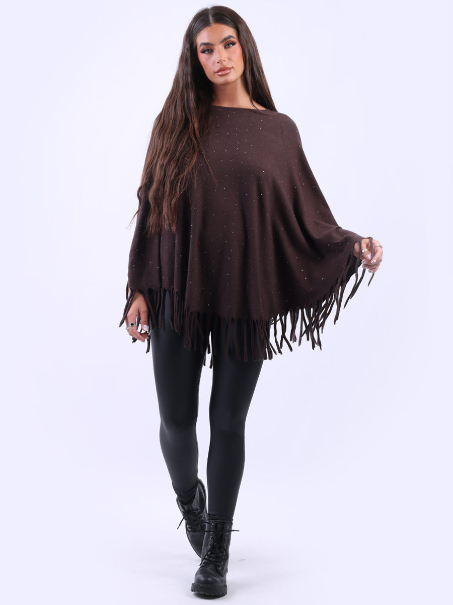 Glittery Women Knitted Poncho Chocolate